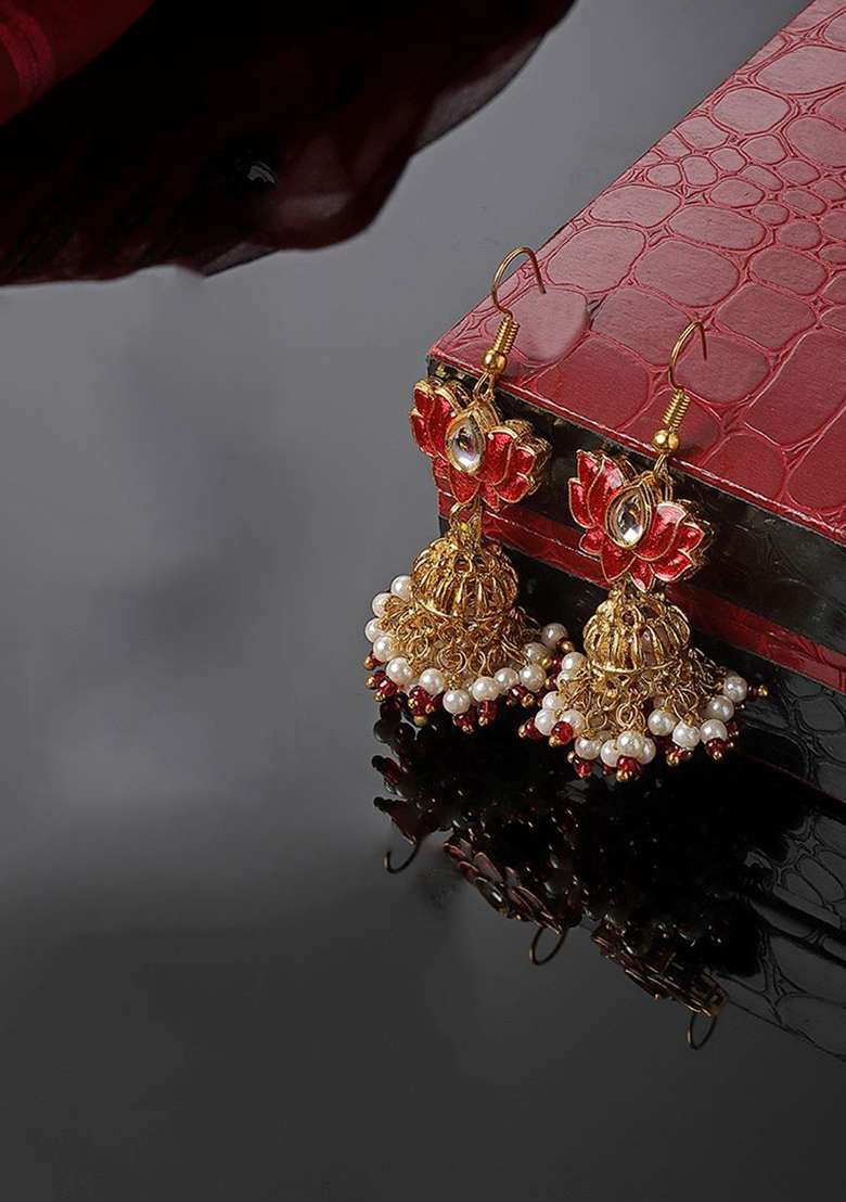 Red Gold Plated Kundan Pearl Jhumka Earrings - Indya