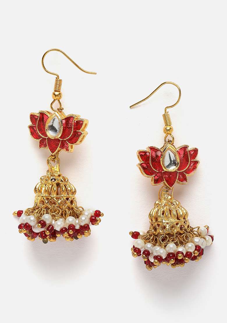 Red Gold Plated Kundan Pearl Jhumka Earrings - Indya