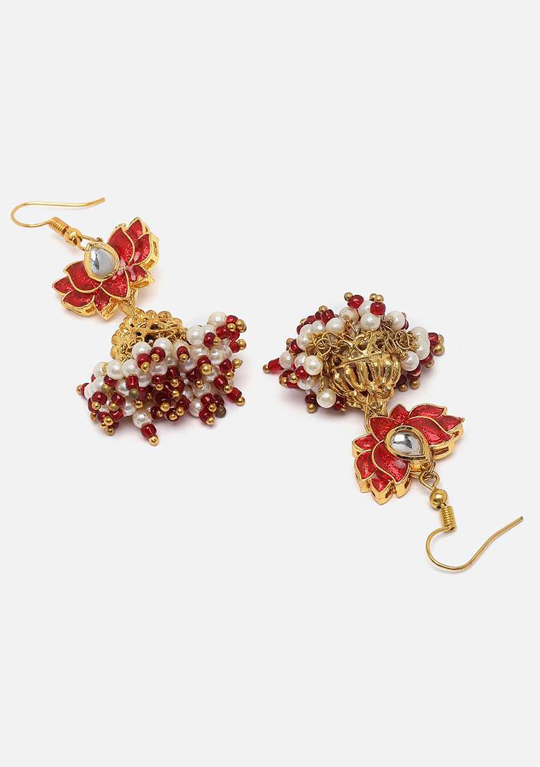 Red Gold Plated Kundan Pearl Jhumka Earrings - Indya