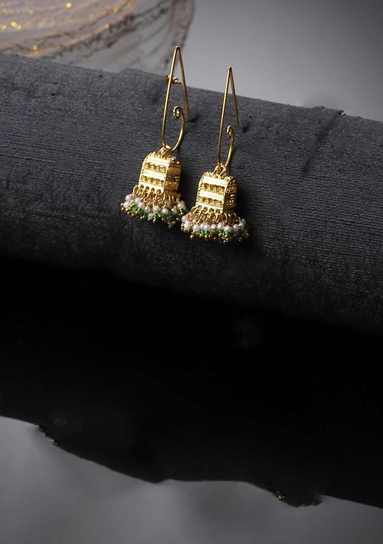 Green Gold Plated Pearl Natural Stone Jhumka Earrings - Indya