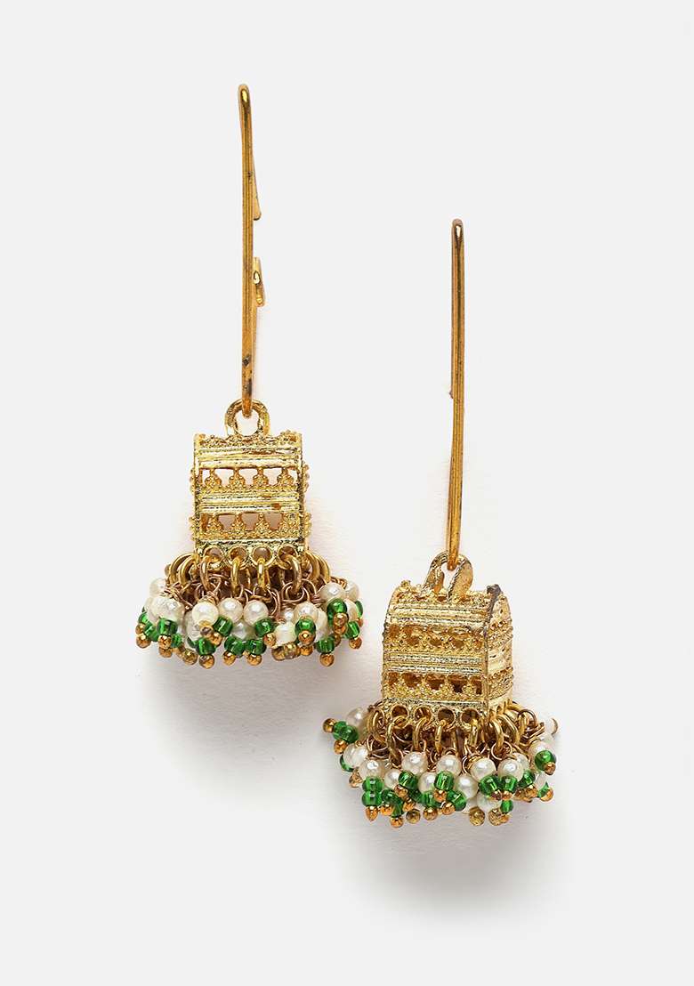 Green Gold Plated Pearl Natural Stone Jhumka Earrings - Indya