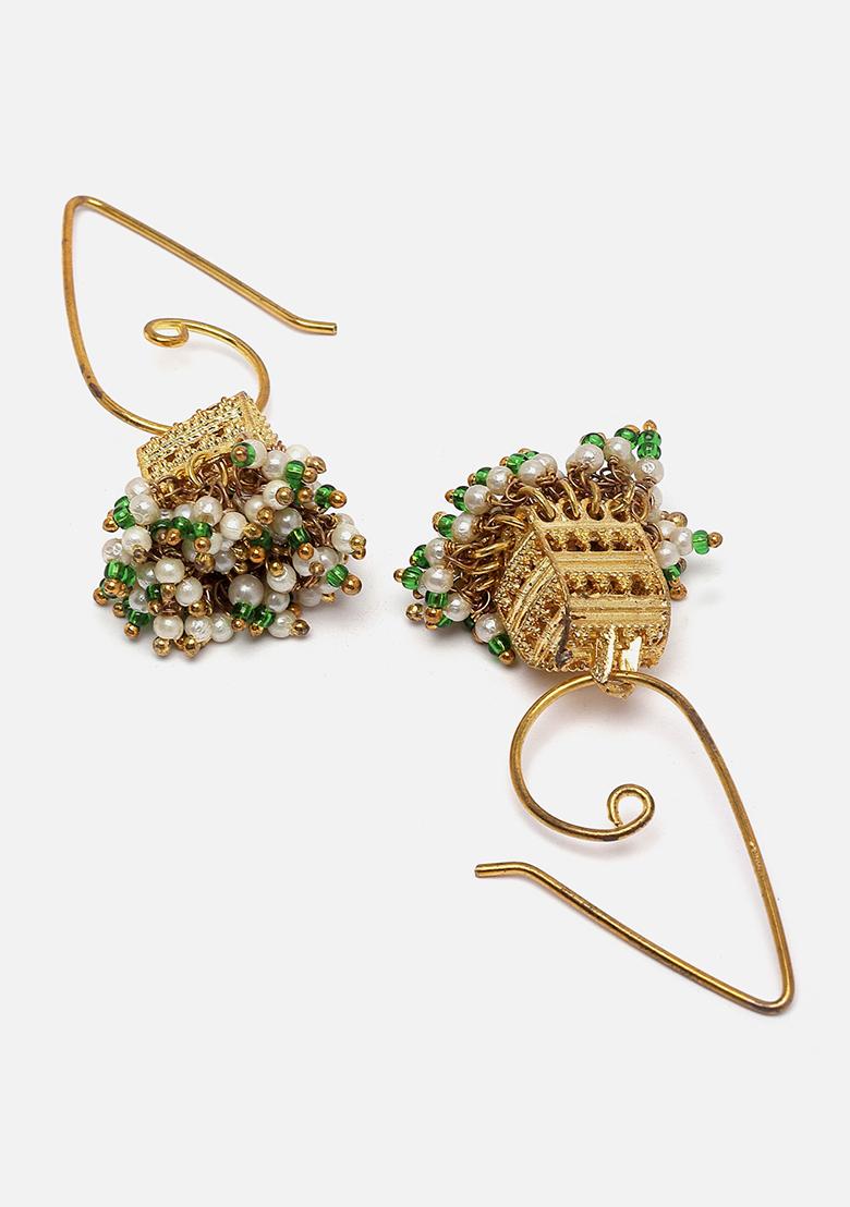Green Gold Plated Pearl Natural Stone Jhumka Earrings - Indya