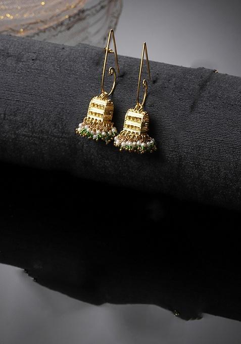 Green Gold Plated Pearl Natural Stone Jhumka Earrings