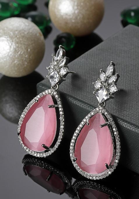 Pink And Silver Plated American Diamond Natural Stone Drop Earrings