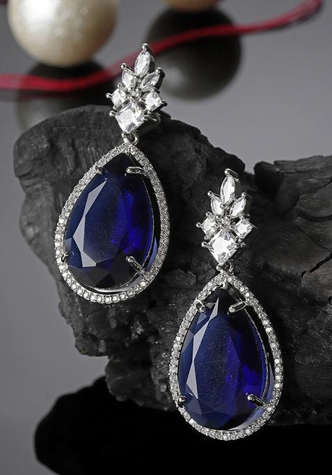 Blue And Silver Plated American Diamond Natural Stone Drop Earrings