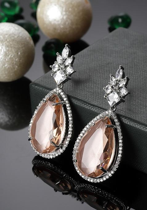 Orange And Silver Plated American Diamond Natural Stone Drop Earrings