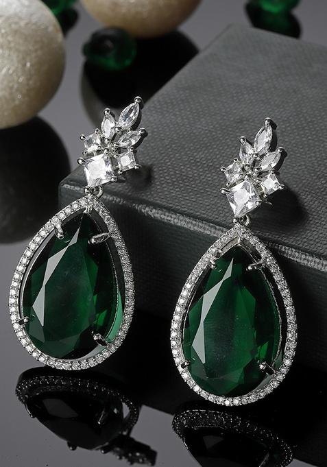 Green And Silver Plated American Diamond Natural Stone Drop Earrings