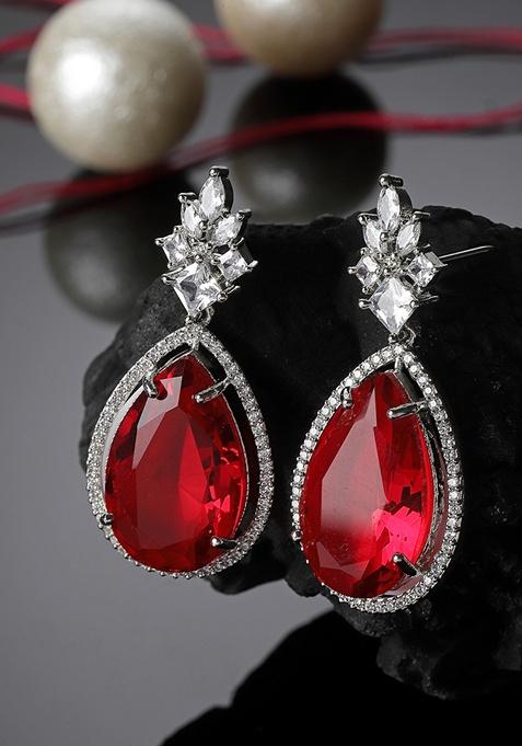 Red And Silver Plated American Diamond Natural Stone Drop Earrings