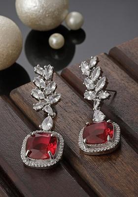 Red And Silver Plated American Diamond Natural Stone Drop Earrings