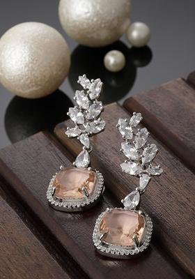 Orange And Silver Plated American Diamond Natural Stone Drop Earrings