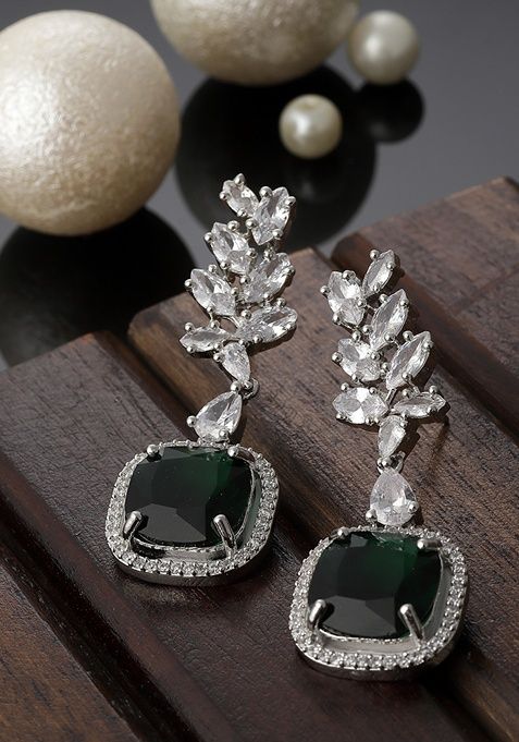 Green And Silver Plated American Diamond Natural Stone Drop Earrings