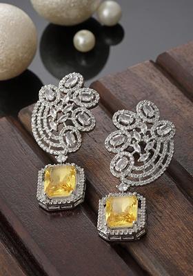 Yellow And Silver Plated American Diamond Natural Stone Drop Earrings