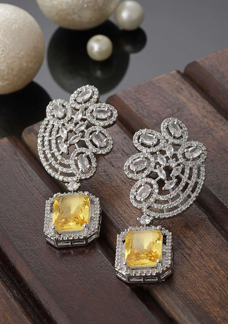 Yellow And Silver Plated American Diamond Natural Stone Drop Earrings - Indya