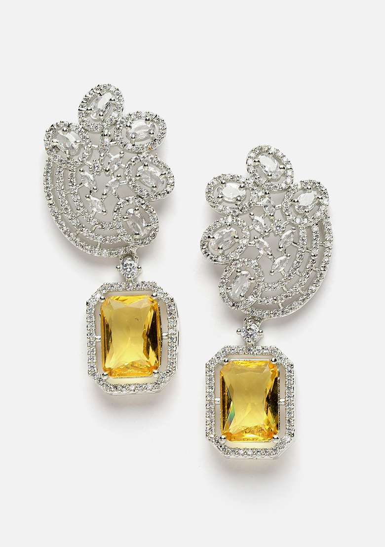 Yellow And Silver Plated American Diamond Natural Stone Drop Earrings - Indya