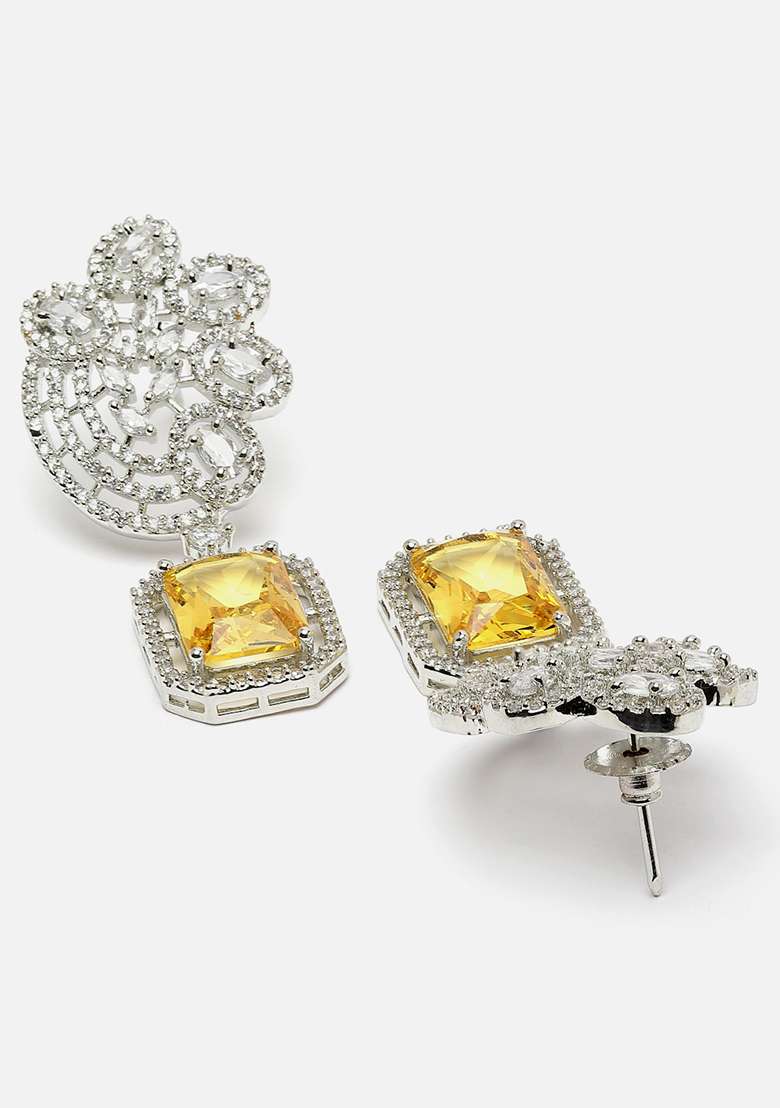 Yellow And Silver Plated American Diamond Natural Stone Drop Earrings - Indya