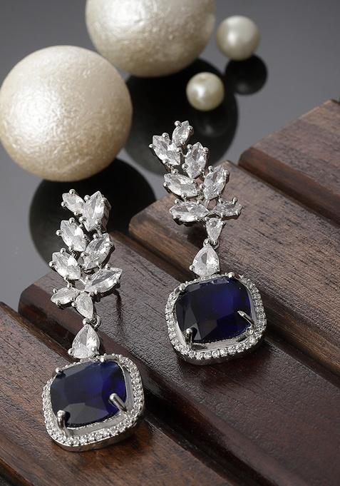 Blue And Silver Plated American Diamond Natural Stone Drop Earrings