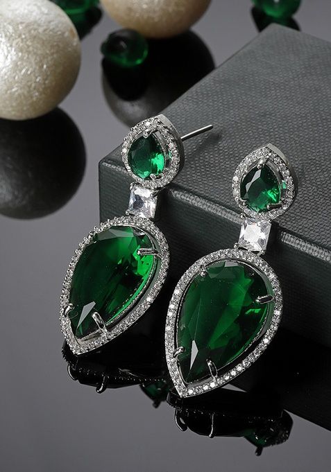 Green And Silver Plated American Diamond Natural Stone Drop Earrings