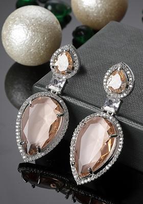 Orange And Silver Plated American Diamond Natural Stone Drop Earrings