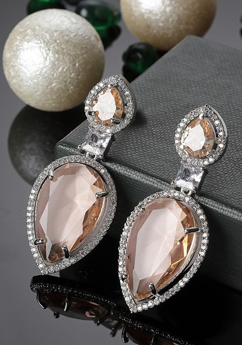 Orange And Silver Plated American Diamond Natural Stone Drop Earrings