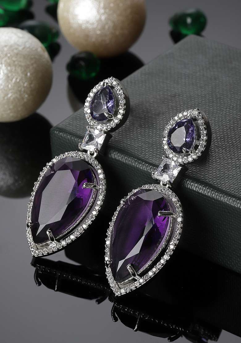 Purple And Silver Plated American Diamond Natural Stone Drop Earrings - Indya