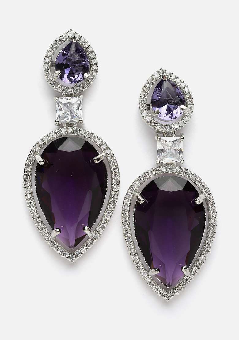 Purple And Silver Plated American Diamond Natural Stone Drop Earrings - Indya