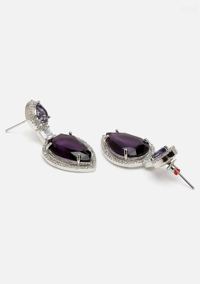 Purple And Silver Plated American Diamond Natural Stone Drop Earrings - Indya