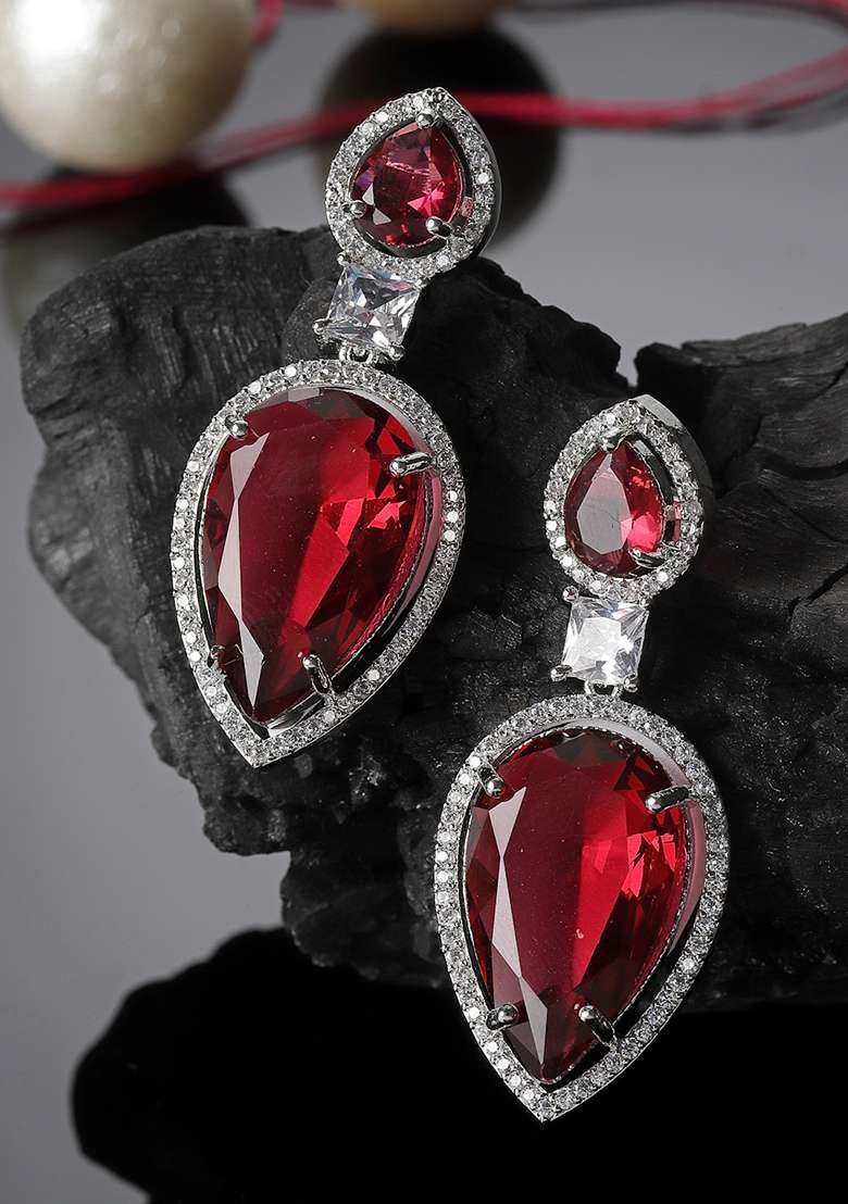 Red And Silver Plated American Diamond Natural Stone Drop Earrings - Indya