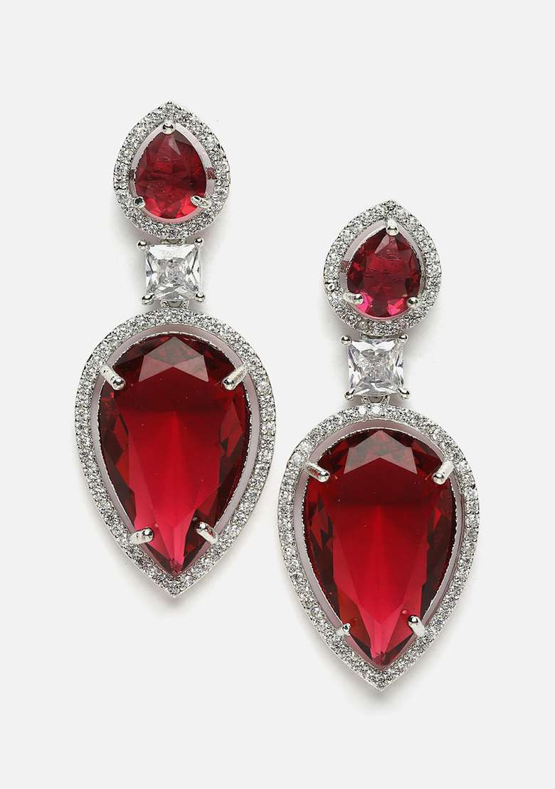 Red And Silver Plated American Diamond Natural Stone Drop Earrings - Indya