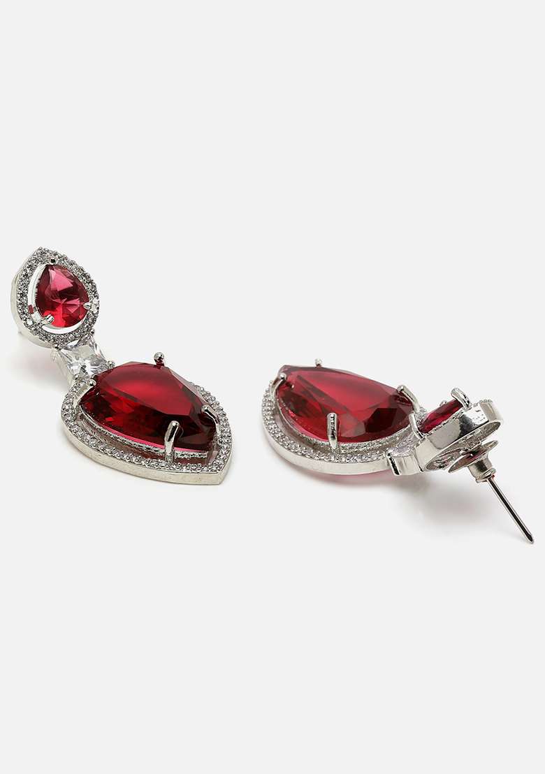 Red And Silver Plated American Diamond Natural Stone Drop Earrings - Indya