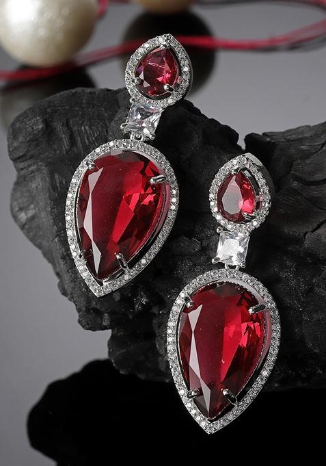 Red And Silver Plated American Diamond Natural Stone Drop Earrings