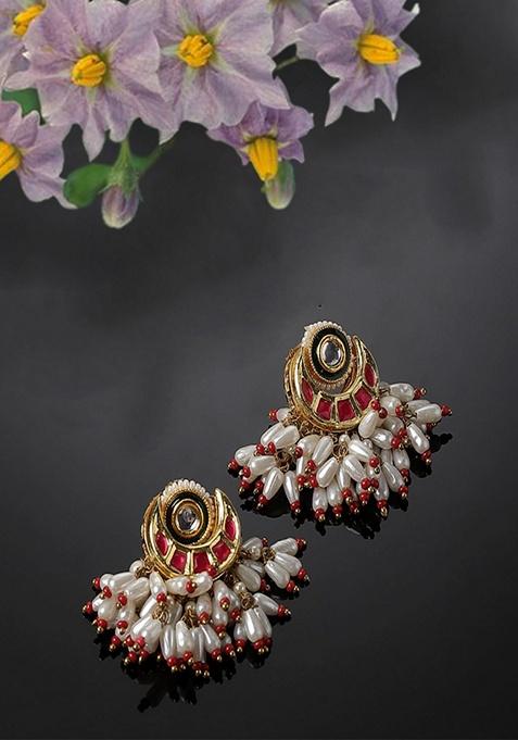 Red Gold Plated Kundan Pearl Drop Earrings