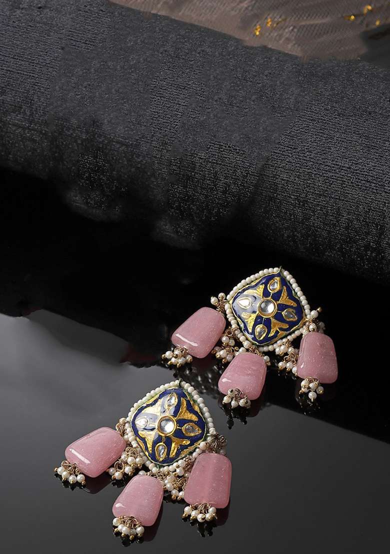 Pink And Blue Gold Plated Kundan Pearl Drop Earrings - Indya