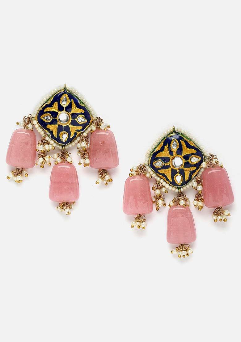 Pink And Blue Gold Plated Kundan Pearl Drop Earrings - Indya