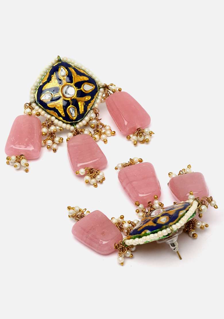 Pink And Blue Gold Plated Kundan Pearl Drop Earrings - Indya