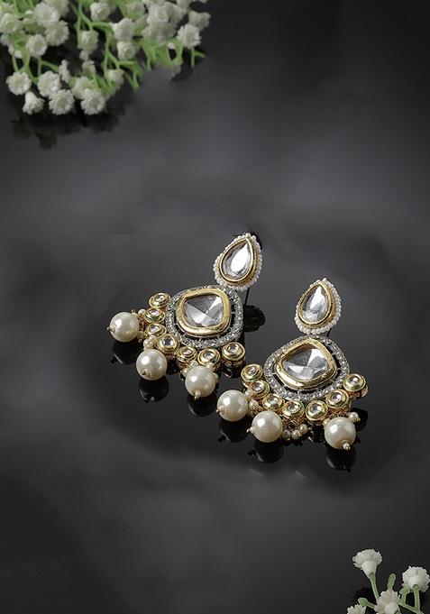 Gold And White Gold Plated Kundan American Diamond Drop Earrings