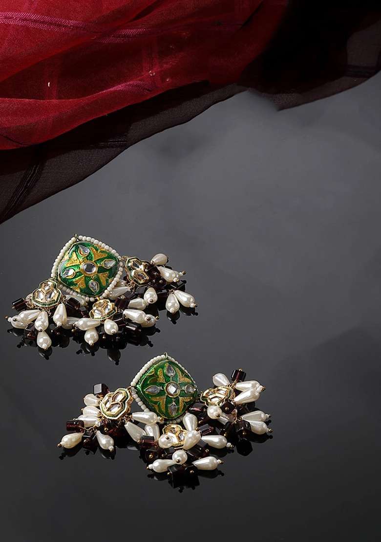 Green And Purple Gold Plated Kundan Pearl Drop Earrings - Indya