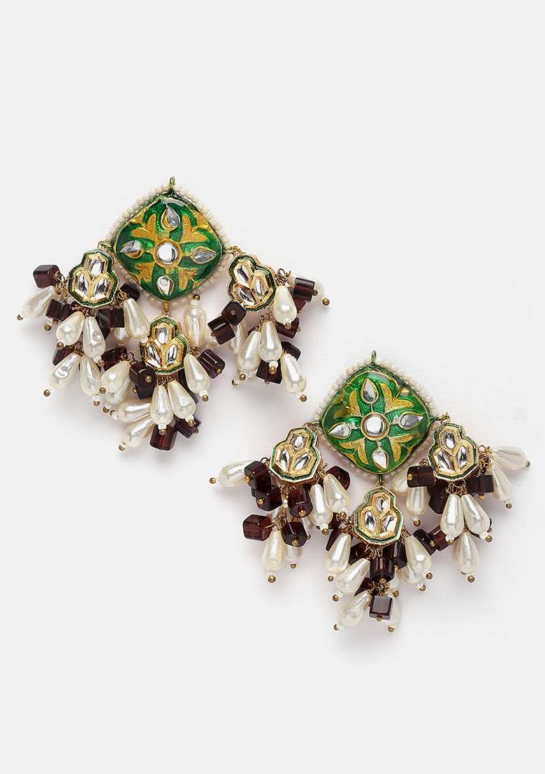 Green And Purple Gold Plated Kundan Pearl Drop Earrings - Indya