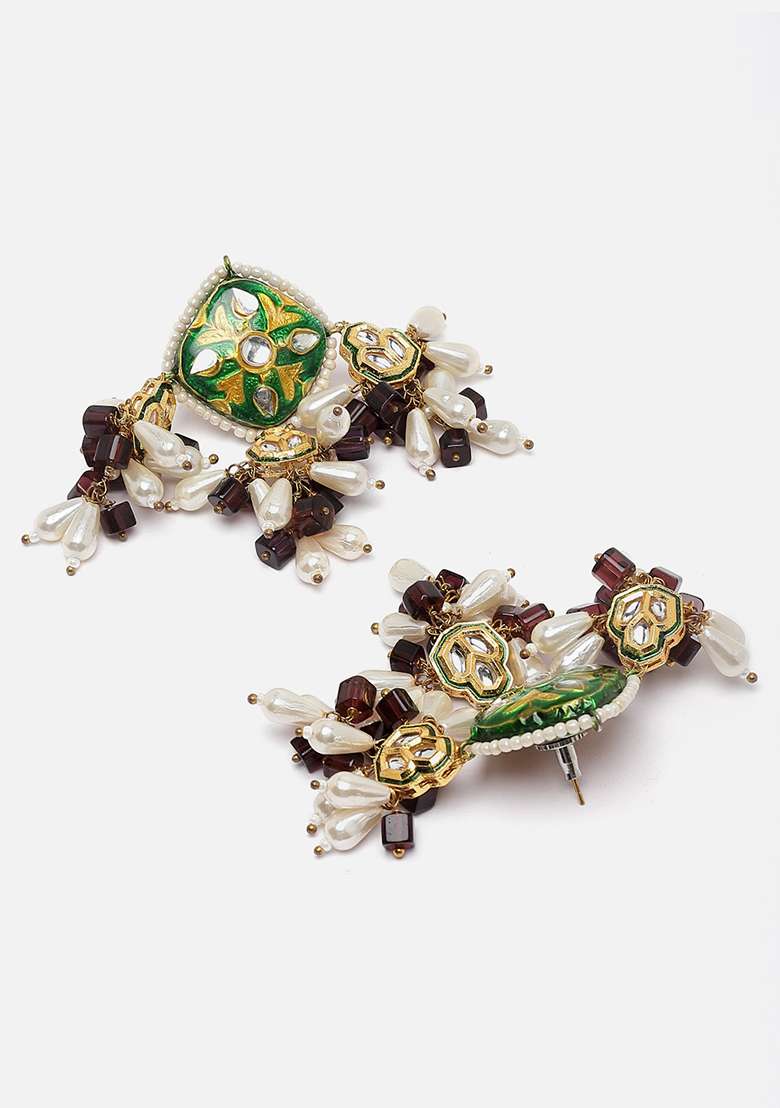 Green And Purple Gold Plated Kundan Pearl Drop Earrings - Indya