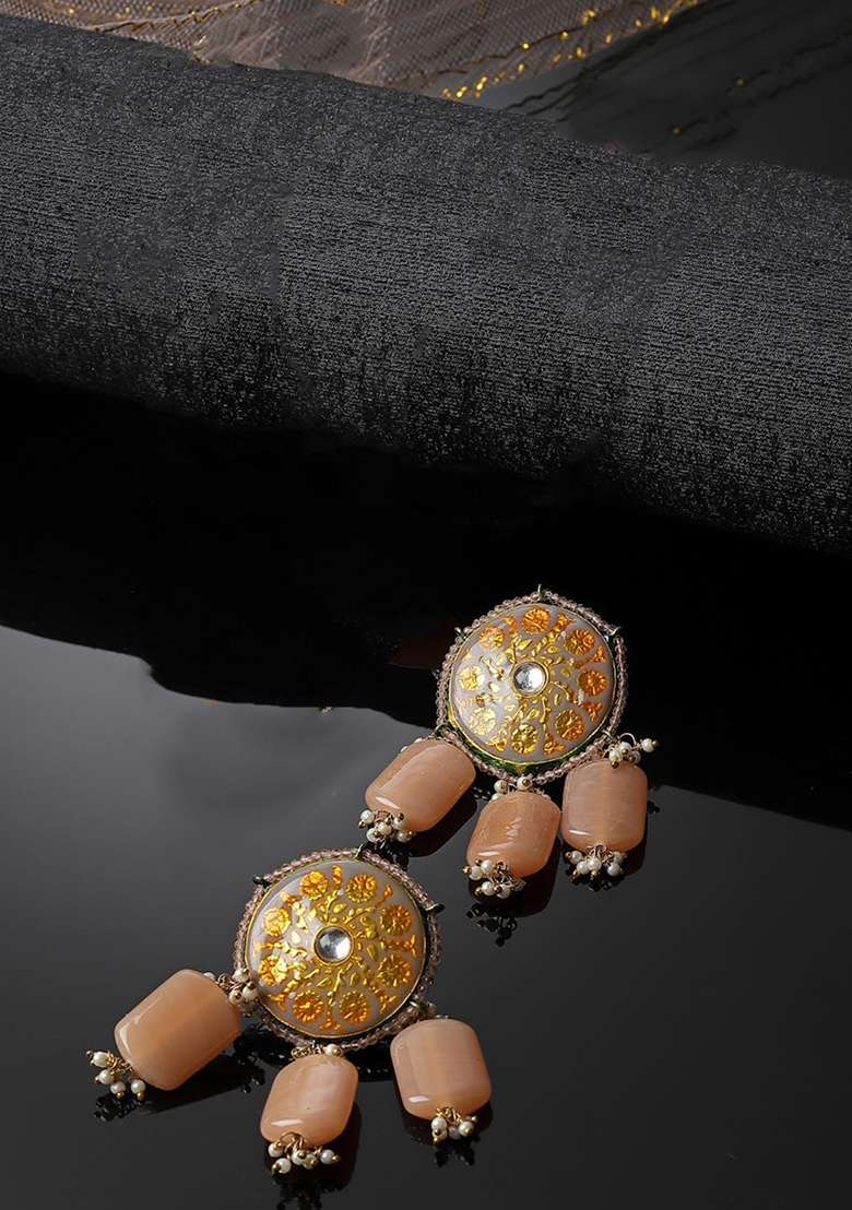 Grey And Orange Gold Plated Kundan Pearl Drop Earrings - Indya