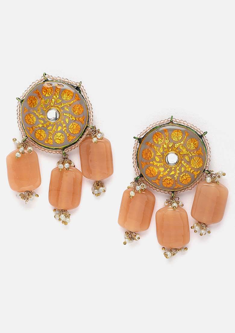 Grey And Orange Gold Plated Kundan Pearl Drop Earrings - Indya