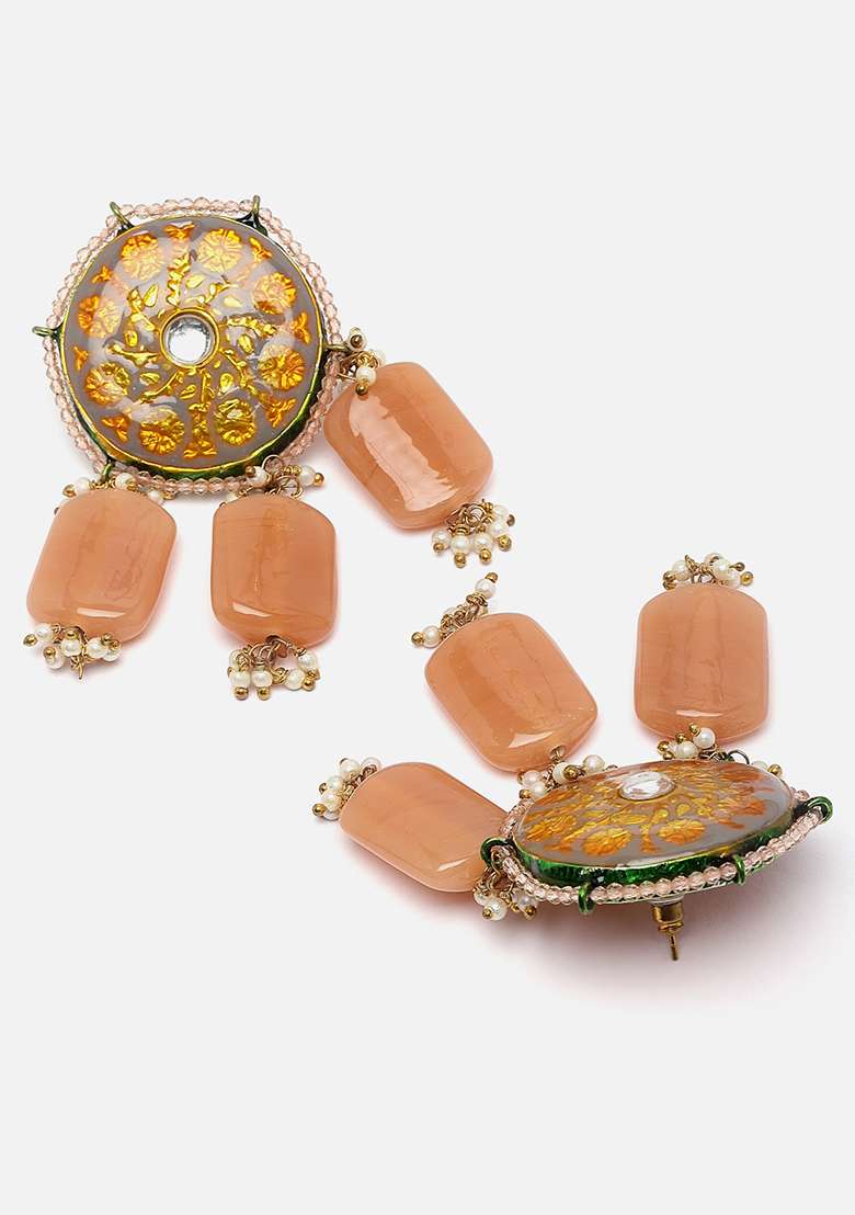 Grey And Orange Gold Plated Kundan Pearl Drop Earrings - Indya