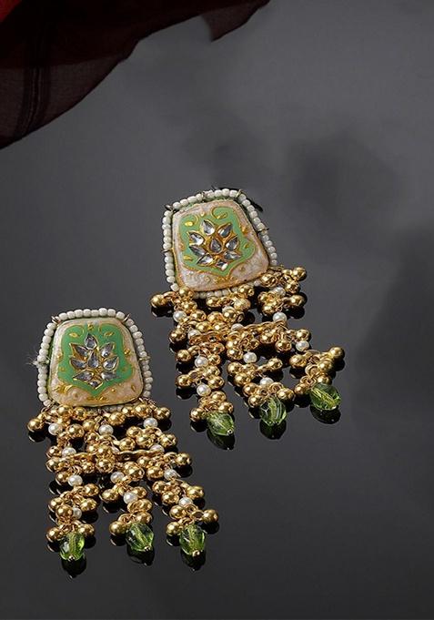 Green And Cream Gold Plated Kundan Pearl Drop Earrings