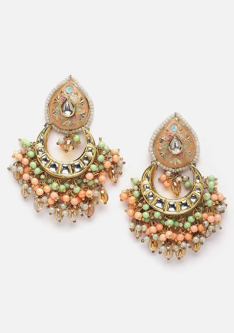 Peach And Blue Gold Plated Kundan Pearl Drop Earrings - Indya