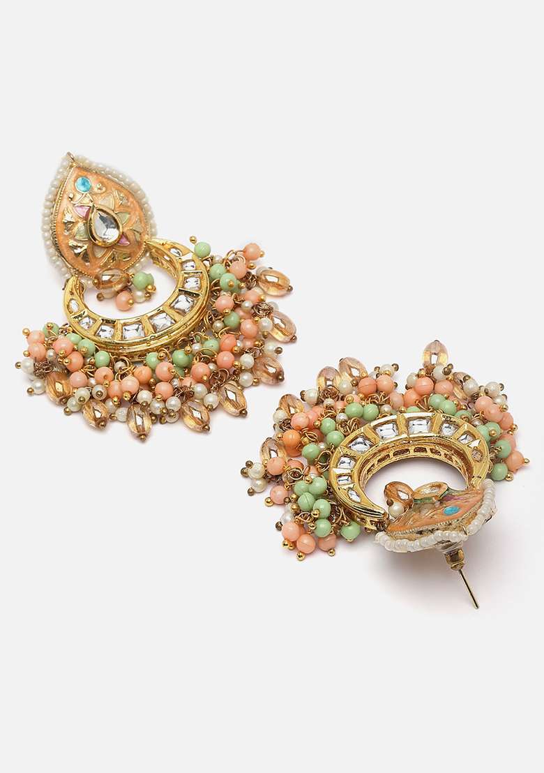 Peach And Blue Gold Plated Kundan Pearl Drop Earrings - Indya