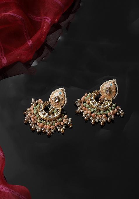 Peach And Blue Gold Plated Kundan Pearl Drop Earrings