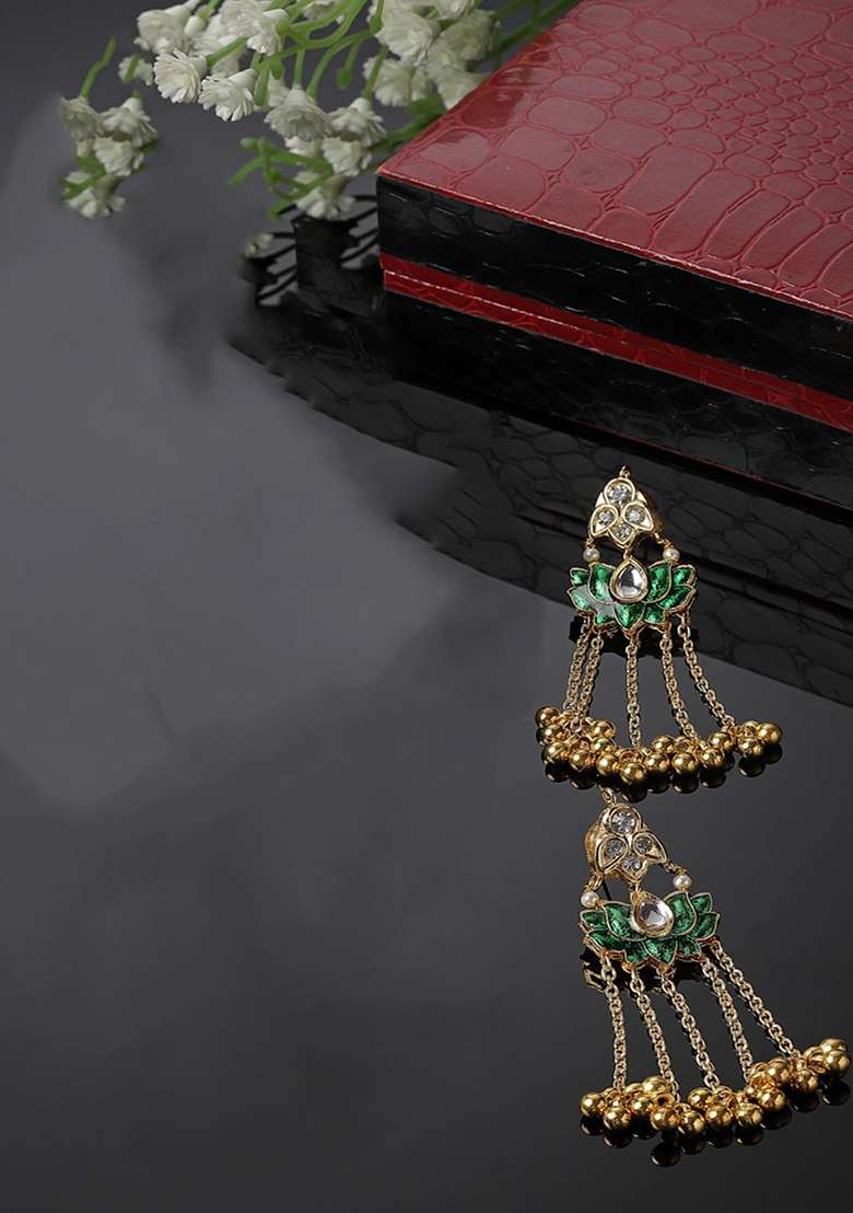 Green Gold Plated Kundan American Diamond Drop Earrings - Indya