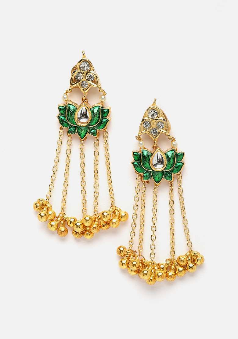Green Gold Plated Kundan American Diamond Drop Earrings - Indya