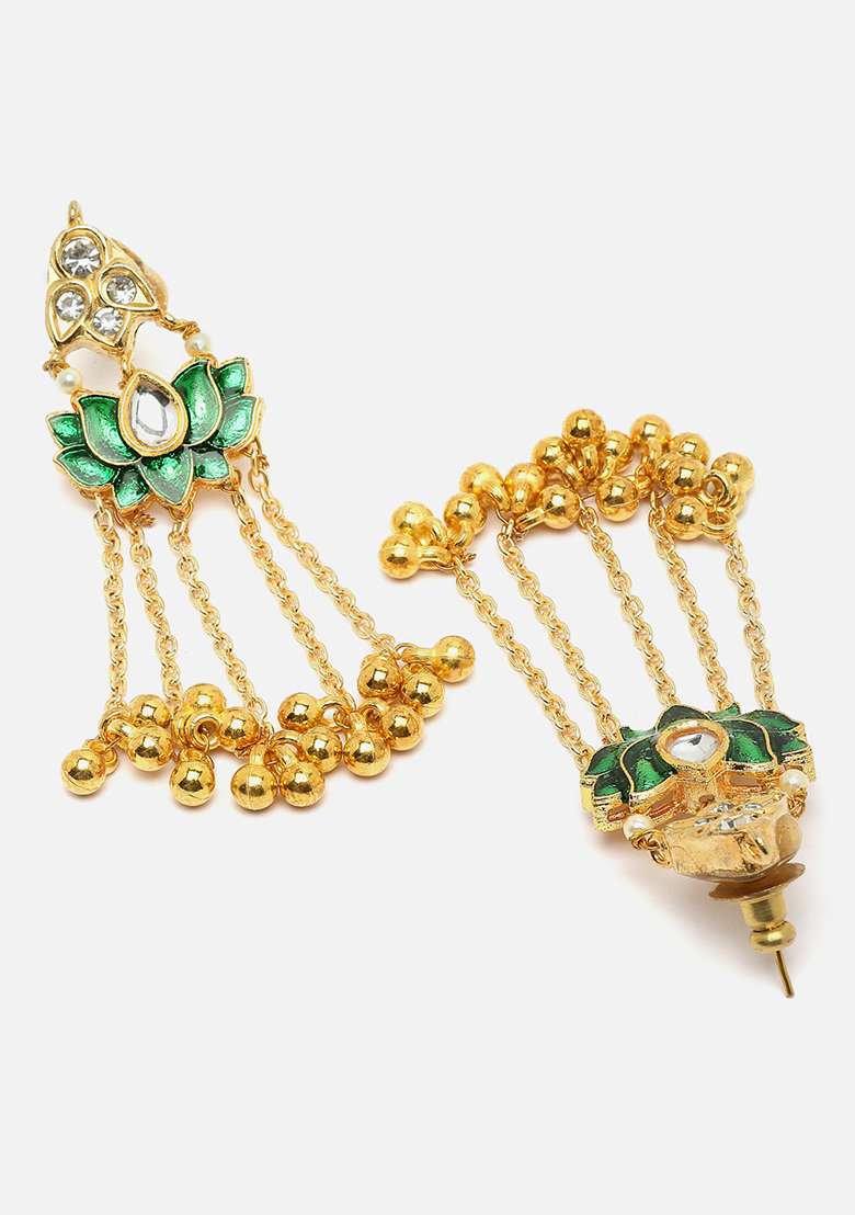 Green Gold Plated Kundan American Diamond Drop Earrings - Indya
