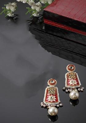 Red And Pink Gold Plated Kundan Pearl Drop Earrings