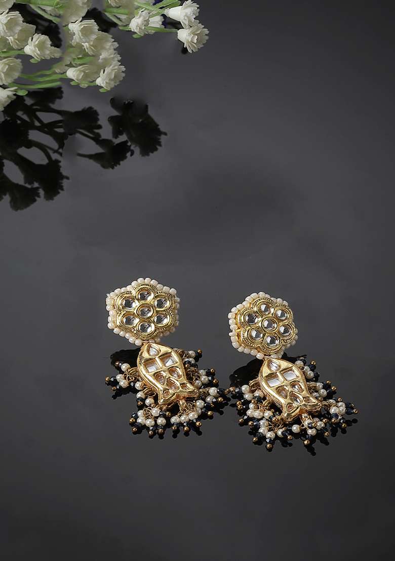 Green Gold Plated Kundan Pearl Drop Earrings - Indya